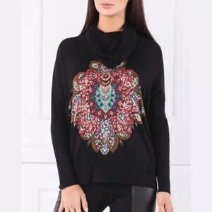 Desigual Casandra Jumper Sequin Paisley Knit Funnel Turtleneck Sweater Black L